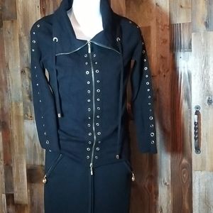 Taking it to the Streets in tCache Zip Up Grommet Embellished Black Knit Sweater